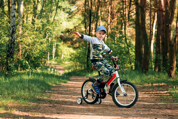 child on a bicycle in the forest in early morning. Boy cycling outdoors in helmet
