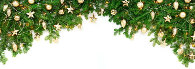Wide arch shaped Christmas border isolated on white, Top view of fresh fir branches and gold ornaments with stars, balls and cones