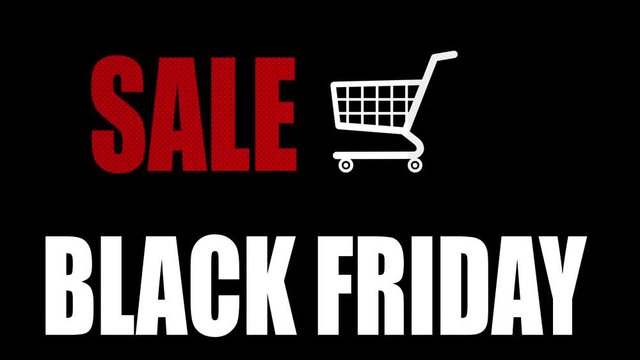 Black Friday Sale Text - Shopping Cart Looped Animation On Black Background - 4K Resolution Ultra HD
