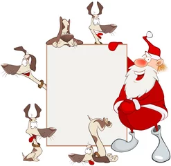 Fototapeten Babyzimmer Illustration of Cute Santa Claus Holding Blank Board and Dogs. Cartoon Character  © liusa