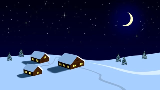Winter landscape with houses, moon and twinkle stars, animation