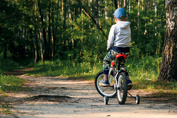 Fototapeta premium child on a bicycle in the forest in early morning. Boy cycling outdoors in helmet