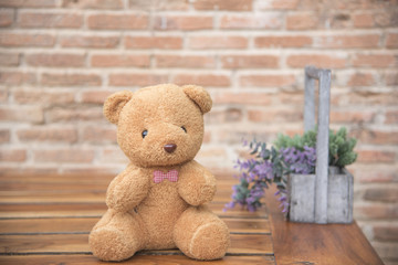 Obraz premium Teddy Bear on Wood, Background, Old Brick Wall
