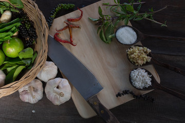 Ingredients Thai cooking food on wooden background.