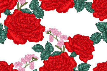 Seamless pattern with red rose flowers on white background. Vector illustration for fabrics, gift packaging, textiles and card design