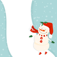 Cartoon illustration for holiday theme with snowman on winter background. Greeting card for Merry Christmas and Happy New Year. Vector illustration
