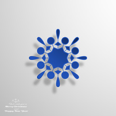 Greeting card for Christmas and Happy New Year holiday with blue vector snowflake cut from paper on the gradient gray background.