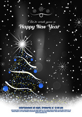 Vector greeting poster for Happy New Year with Christmas tree and blue balls cut from paper on the dark background with snowfall.