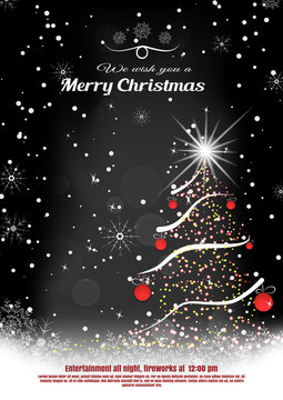 Vector greeting poster for Merry Christmas with tree and red balls cut from paper on the dark background with snowfall.