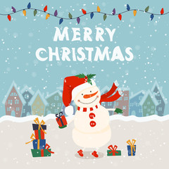 Cartoon illustration for holiday theme with snowman on winter background. Greeting card for Merry Christmas and Happy New Year. Vector illustration