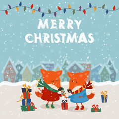 Cartoon illustration for holiday theme with two foxes on winter background. Greeting card for Merry Christmas and Happy New Year. Vector illustration