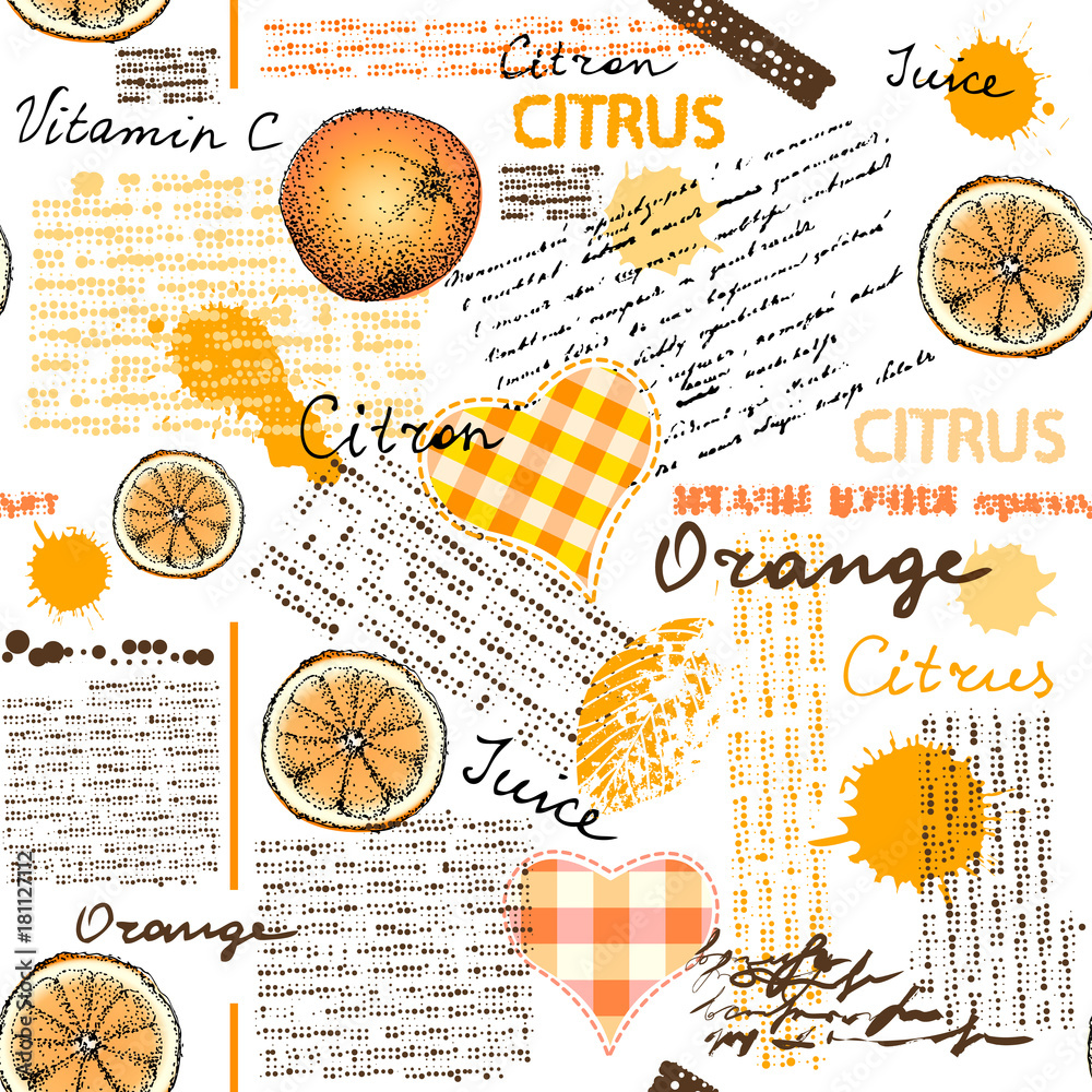 Poster seamless background pattern. imitation of halftone newspaper with citrus and oranges.