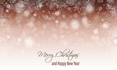 Merry Christmas greeting card. Happy New Year banner. Winter scenery with blurred background, snowfall and snowflakes. Vector design.