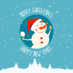 Cartoon illustration for holiday theme with snowman on winter background. Greeting card for Merry Christmas and Happy New Year. Vector illustration