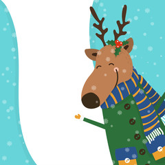 Naklejka premium Cartoon illustration for holiday theme with deer on winter background. Greeting card for Merry Christmas and Happy New Year. Vector illustration