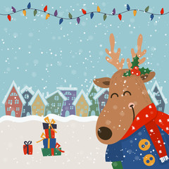 Cartoon illustration for holiday theme with deer on winter background. Greeting card for Merry Christmas and Happy New Year. Vector illustration