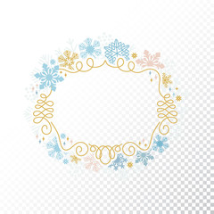 Snowflake frame, festive decoration on transparent background, Christmas design for invitation, greeting card or postcard. Vector illustration, merry xmas snow flake framework
