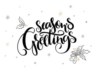 vector hand lettering christmas greetings text - season's greetings - with holly leaves and snowflakes - 181128958