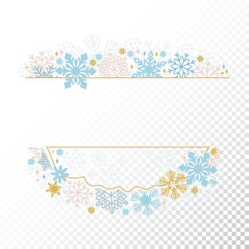 Snow flake frame on transparent background, Christmas design for invitation, greeting card. Vector illustration, merry xmas snowflake framework