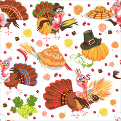 Seamless pattern cartoon thanksgiving turkey character in hat with harvest, leaves, acorns, corn, autumn holiday bird vector illustration background for fabric textile or wrapping