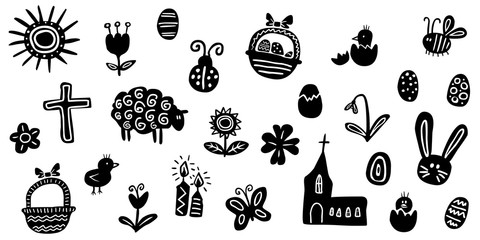 Obraz premium Ostersymbole-Set / handgezeichnet, schwarz-weiß, Vektor, freigestellt