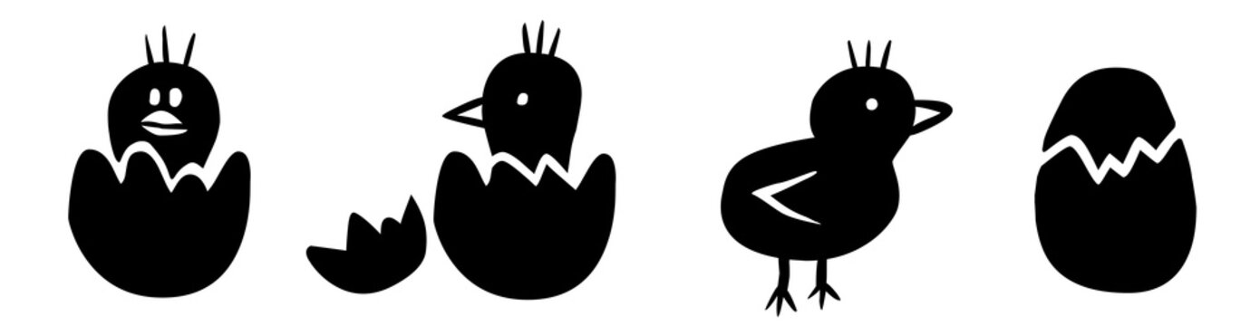 Set: Zeichnung Osterküken schlüpfen aus Eiern / schwarz-weiß, Vektor, freigestellt