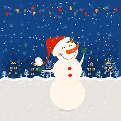 Cartoon illustration for holiday theme with snowman on winter background. Greeting card for Merry Christmas and Happy New Year. Vector illustration