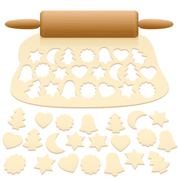 Cut out christmas cookies from raw pastry dough - isolated vector illustration on white background.
