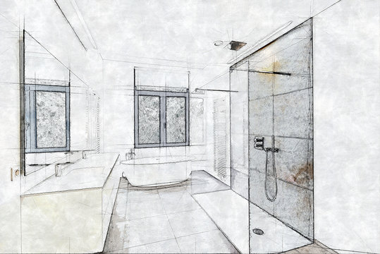 Sketch of a Tiled bathroom and shower