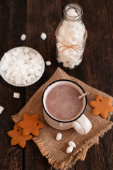 Mug of hot chocolate or cocoa with Christmas cookies and marsmallow