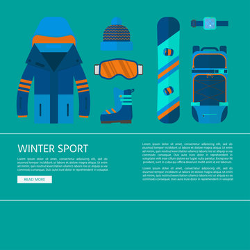  Skiing and snowboarding set equipment for website concept