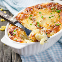Bacon lovers mac and cheese in baking dish, square format