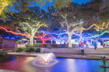 Christmas and New Year celebration lighting in Houston, Texas, USA. Xmas background. - obrazy, fototapety, plakaty
