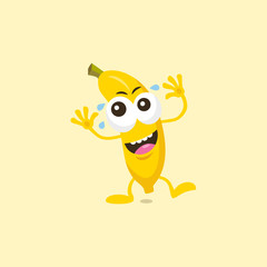 Illustration of cute laughing banana mascot isolated on light yellow background.