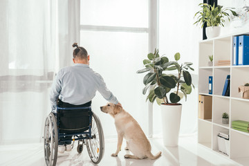 man on wheelchair petting his dog
