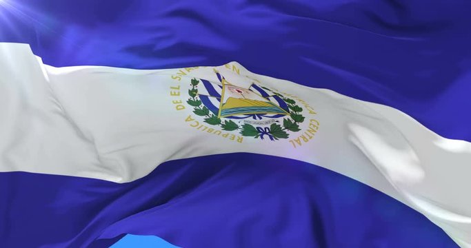 Salvadoran flag waving at wind with blue sky, loop