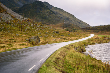 Fototapeta premium Asphalt curved road along mountain, Lofoten, Norway