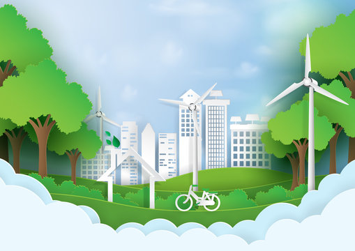 Green eco city.Save the world and environment concept.Urban landscape for green energy paper art style.Vector illustration.