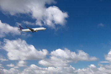 Commercial airplane landing at the airport with cloudy sky in the background. Passenger aircraft of boeing or airbus type - obrazy, fototapety, plakaty