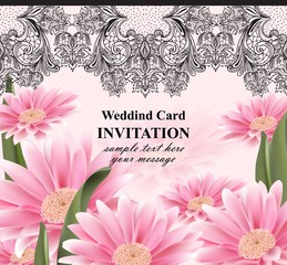 Naklejka premium Lace and daisy flowers card Vector. Vintage invitation with realistic floral decors