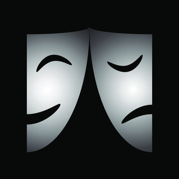 Theatrical masks graphic icon. Masks theatrical isolated sign on black background. Vector illustration
