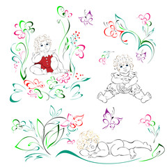 baby 6. the child sits among the flowers. SET