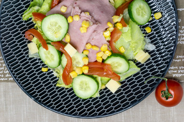 Fresh fruits salad and ham