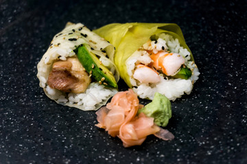 Japanese food Salmon and shrimp temaki sushi