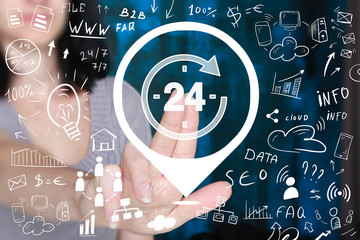 Businessman hand press button 24 hours service online