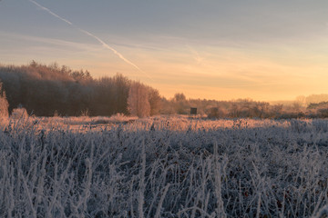 Beautiful Sunrise At Wintertime on A Frosty Field / Wunderschöner Sonnenaufgang auf einem Frostbedecktem Feld
