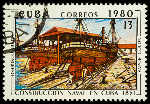 Shipbuilding in the 19th century on postage stamp