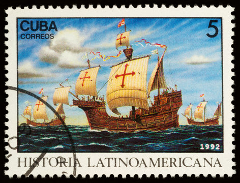 Three ships of Columbus on postage stamp