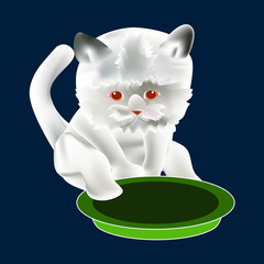 Cat sits near bowl. Icon Symbol Design. White Cartoon Cat Vector illustration isolated on navy blue background
