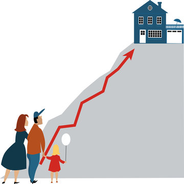 Young family looking at a dream home at the top of a steep hill, raising graph connects them, as a metaphor for housing market or price, EPS 8 vector illustration